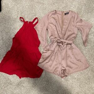 Mauve Tie-Waist Romper & Red Halter Romper Duo